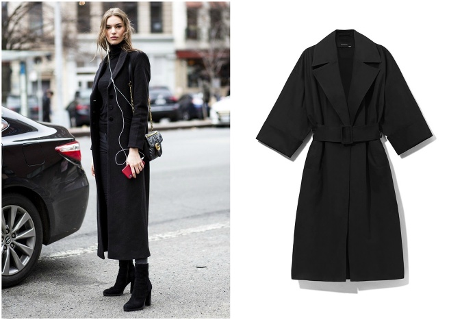 Elegantný čierny kabát, ktorý pôsobí naozaj načasovo