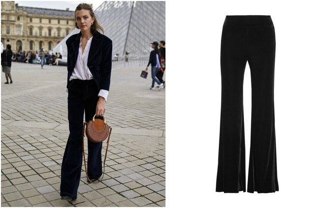 Čierne zamatové nohavice sú ideálnou voľbou k elegantným outfitom 