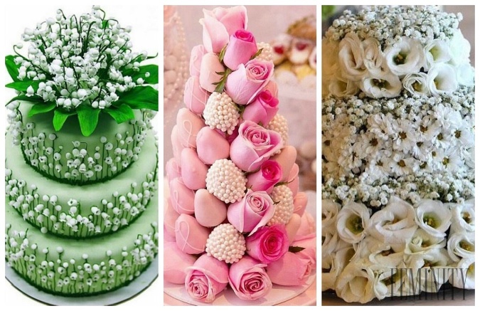 Kvety v rôznych variáciách na svadobných tortách sú stále in aj v roku 2016