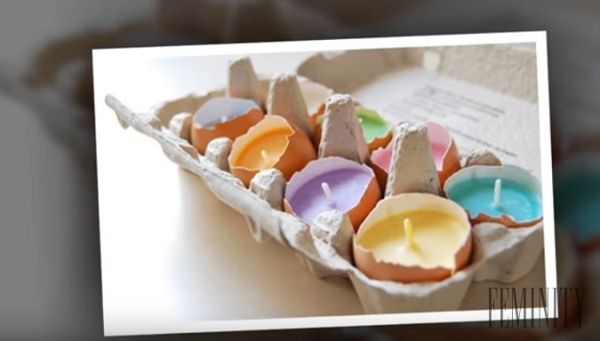 Kartónik z vajíčok, do ktorého vsadíte na poly rozdelené škrupinky z vajíčok, vo vnútri z farebnými sviečkami...