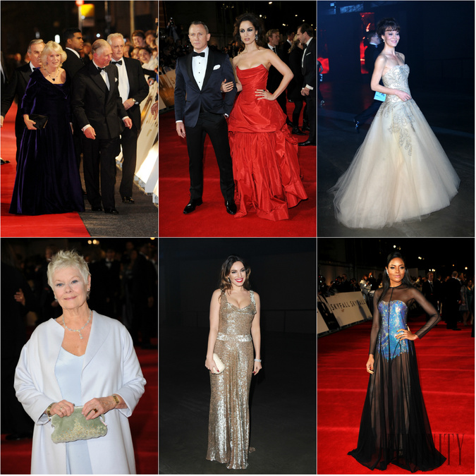 zľava: Princ Charles s manželkou Camillou, Daniel Craig a Berenice Marlohe, Helen McCrory, Judi Dench, Kelly Brook, Naomie Harris