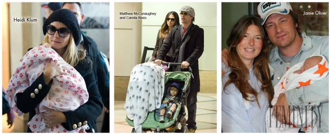 Celebrity Heidi Klum, Matthew McConaughey, Jamie Olivier s deťmi v zavinovačkách Aden+Anais
