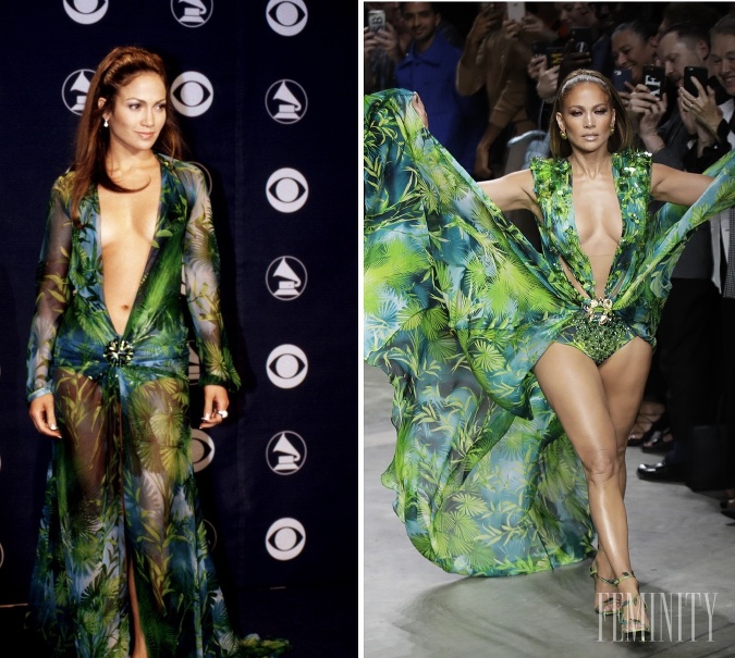 Šaty, ktoré Jennifer predviedla na cenách Grammy (vľavo) a tie 