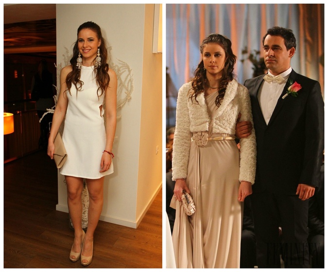 Herečka a speváčka Nela Pocisková na premiére muzikálu Rómeo a Júlia (vľavo), seriálová Nina v svadobných šatách (vpravo)