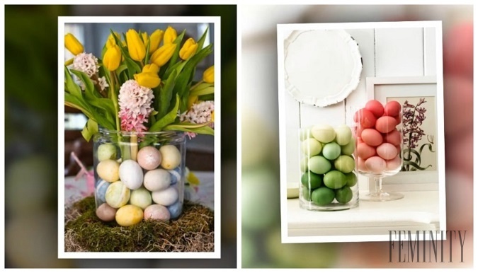 Využiť môžete aj sklenenú vázu, ktorú vyplníte farebnými maľovanými vajíčkami a vsadiť do nej môžete aj krásne jarné kvety